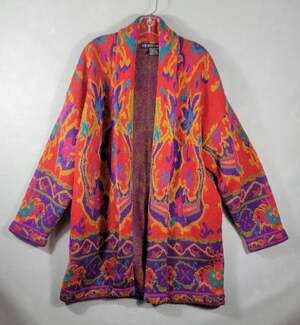 Vtg 1991 IB Diffusion Cardigan Jacket S Oversized Abstract Ikat Mohair Blend